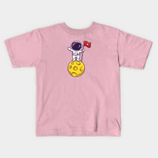 Astronaut Holding Flag On Moon Cartoon Kids T-Shirt